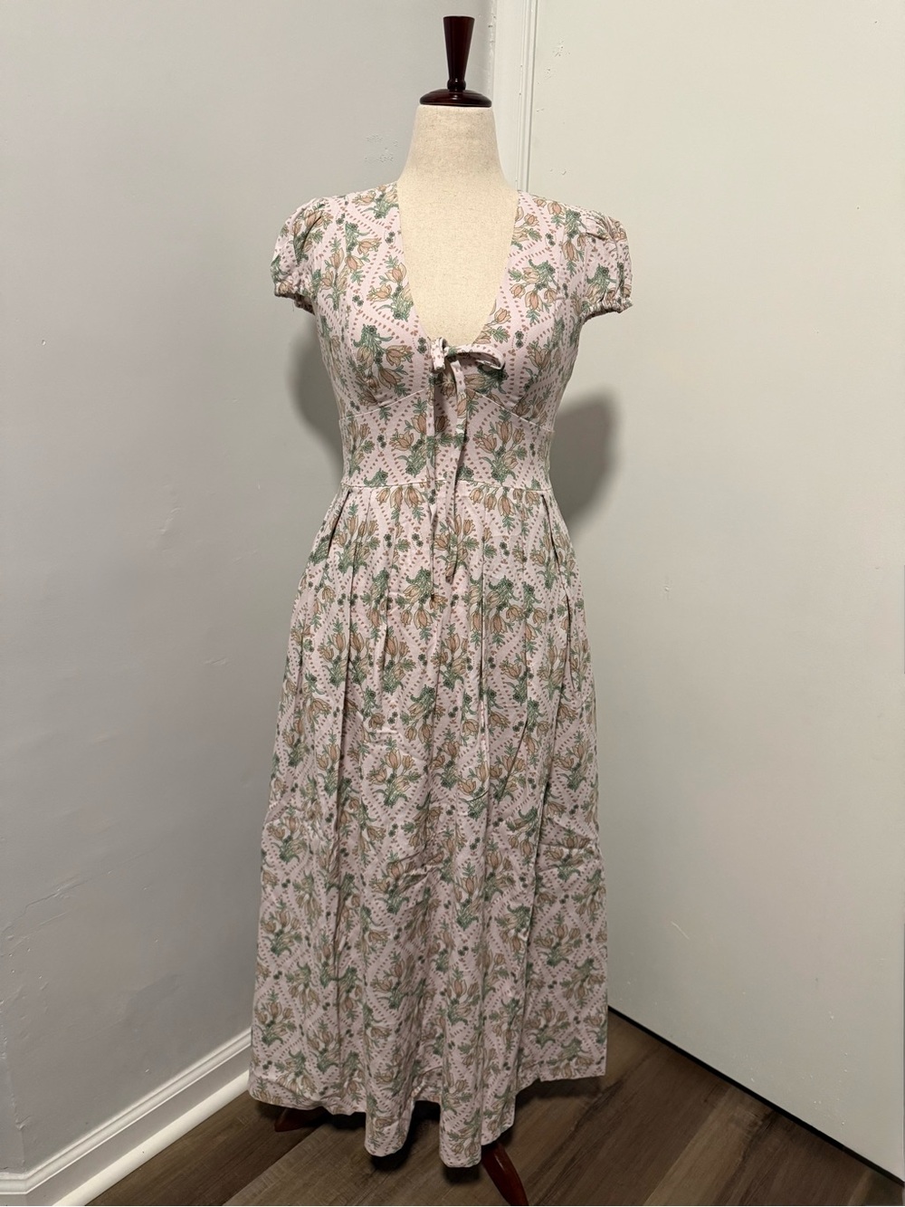 NWT Avec Les Filles Pink Floral Linen Blend Tie Front Cottagecore Maxi Dress 8